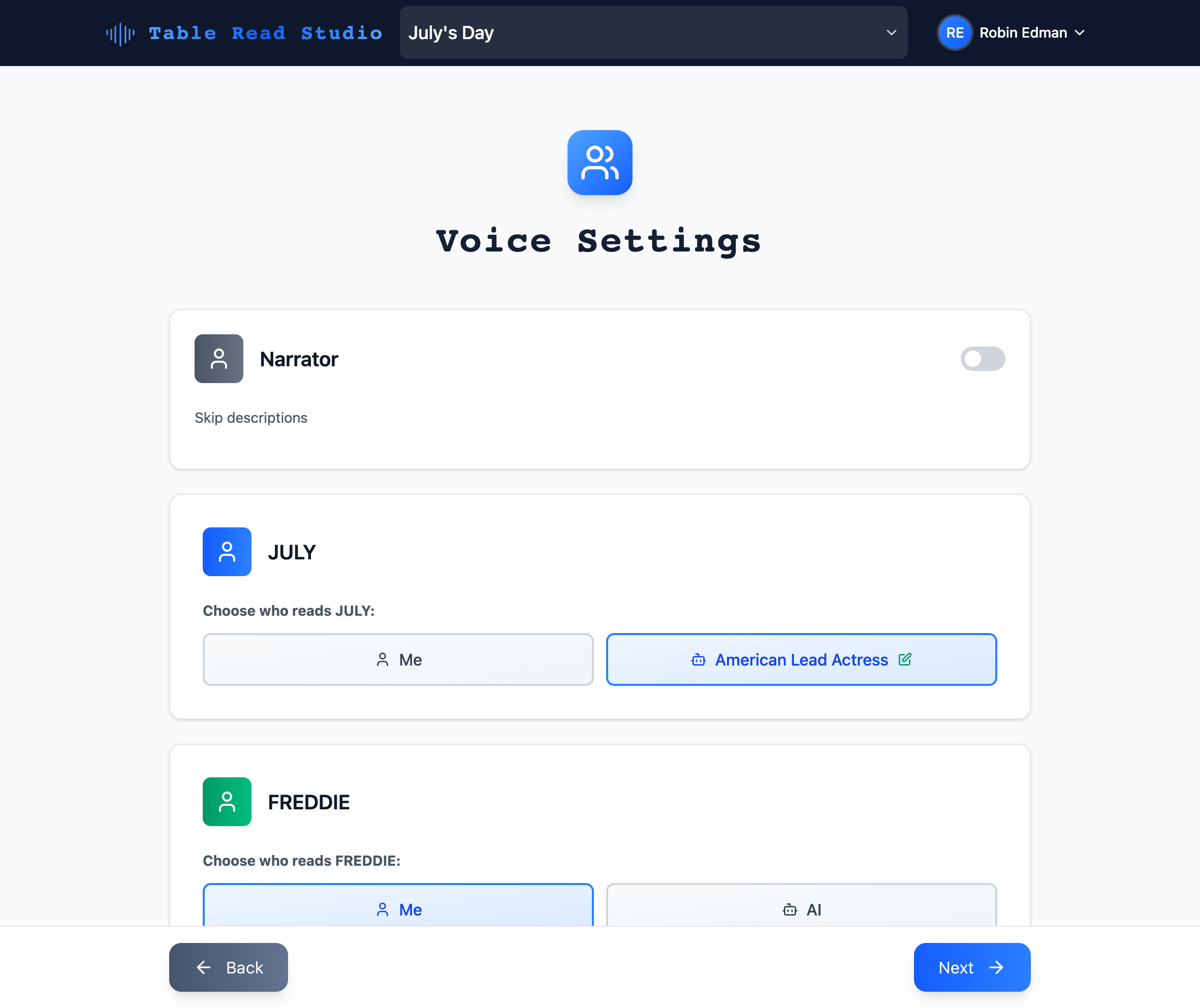 Voice settings interface for configuring AI voices for characters